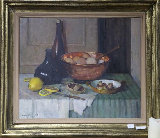 Mary Remington, oil on board, Tabletop still life, signed 50 x 60cm